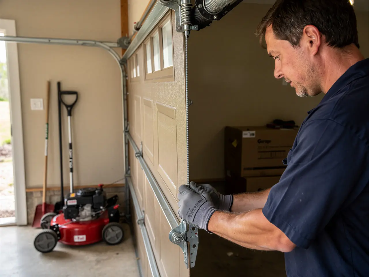 A technician in a blue shirt and gray gloves works on a tan garage door.