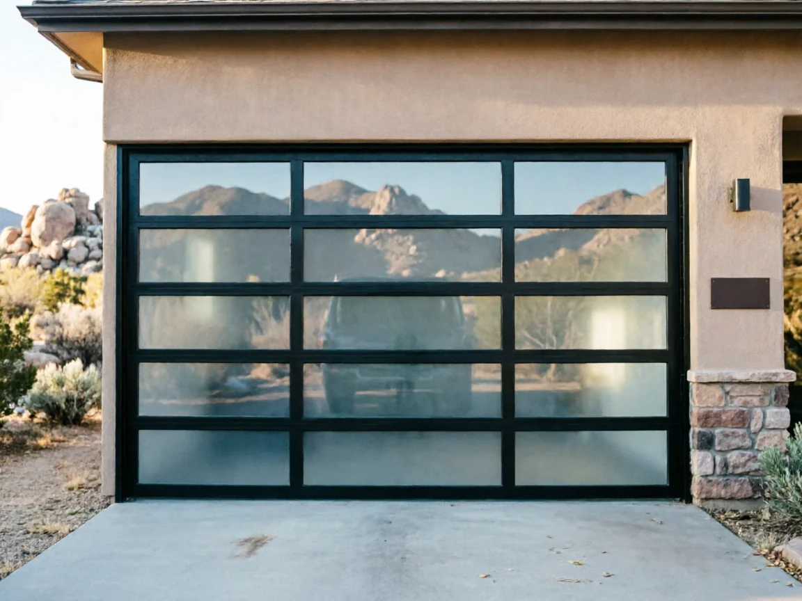 A modern garage door with frosted glass panels and black frames.