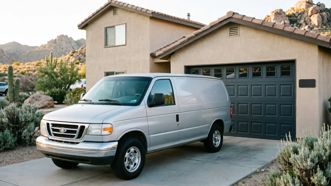 A silver van is parked in front of a house with a dark gray garage door.