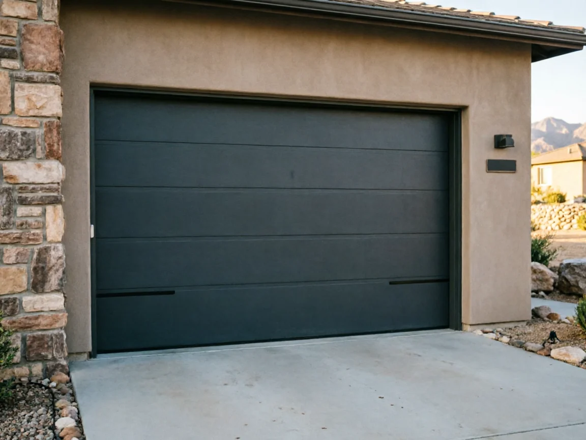 A dark gray garage door is on a stucco house with a stone pillar.